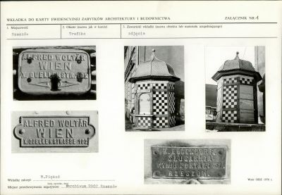 Żeliwne tabliczki wytwórni A. Woltär z Wiednia oraz ślusarni K. Rodendorfa z Rzeszowa. Źródło: Monika Piękoś, Janusz Kosiorowski, Wkładka do Karty Ewidencyjnej zabytków architektury i budownictwa, 1992 r. Załącznik nr 1